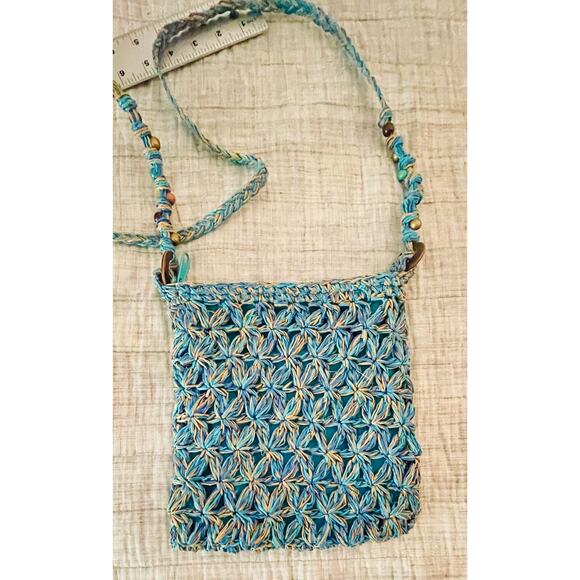 Capelli - Straw Crossbody Purse - Brown Beaded Strap - Blue Metallic - EUC - Picture 2 of 6